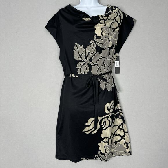 Komarov Womens Dress M Black Floral Jersey Knit Belted Cowl Neck Cocktail Career